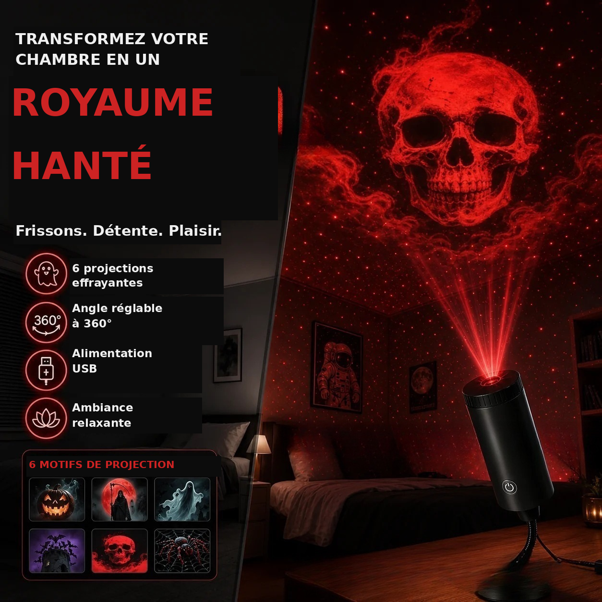 Projecteur Halloween USB projetant un crâne rouge au plafond d'une chambre, ambiance royaume hanté