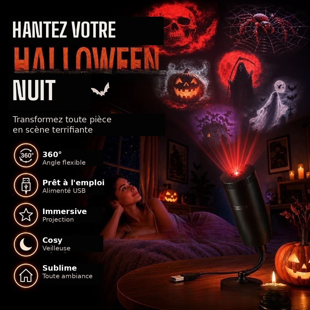 Projecteur Halloween USB projetant des motifs d'araignée, fantôme et crâne dans une chambre