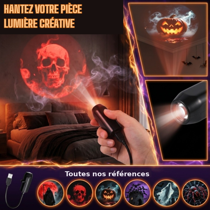 Projecteur Halloween en main avec ses motifs de projection pour décorer une pièce