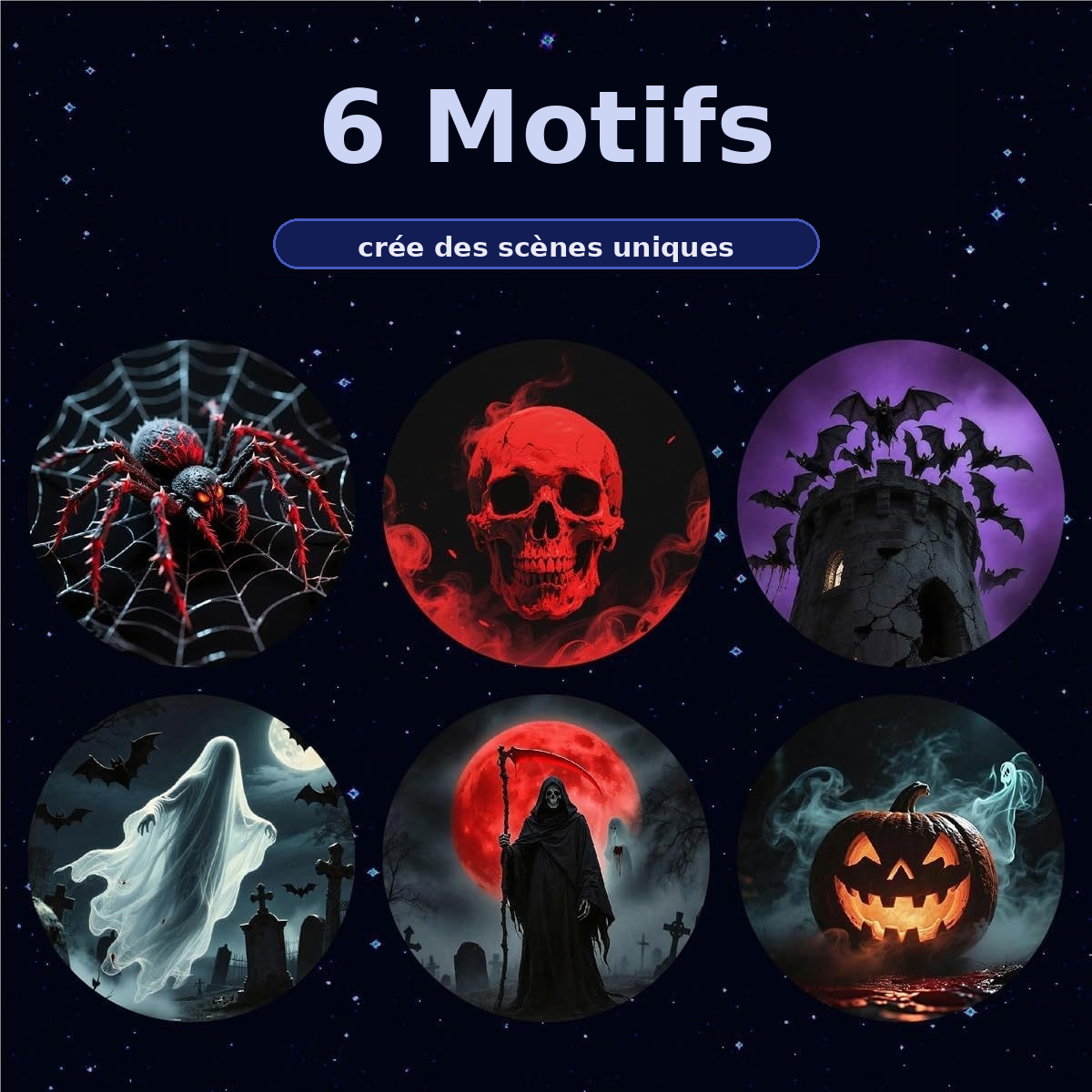 Les 6 motifs de projection du projecteur Halloween : crâne, fantôme, citrouille, araignée et lune rouge